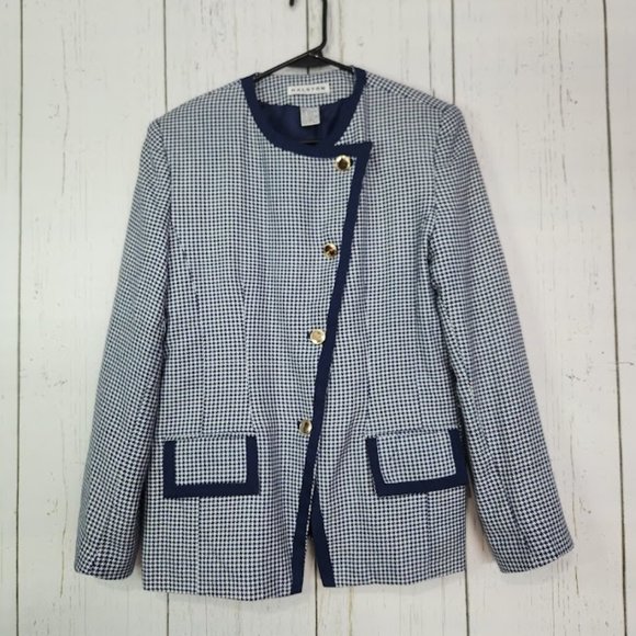 Halston Heritage Vintage Blue & White Houndstooth Blazer Jacket‎ Size 8 - Picture 1 of 6